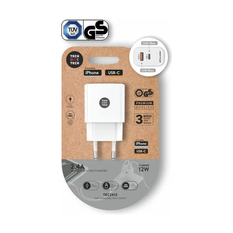 Tech ONE Tech Cargador de pared tec2412 1xusb tipo-c 1xusb