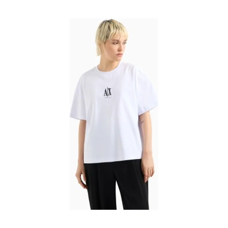 A|X Armani Exchange Camiseta holgada de algodón de manga corta con cuello redondo con logo bordado blanco ( XW001182AF15085U0002