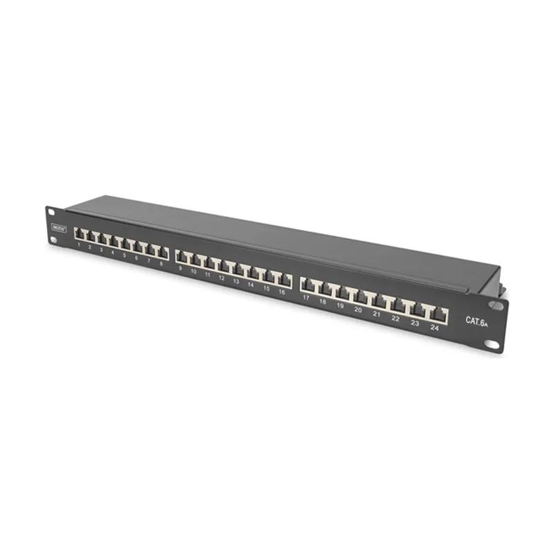 Digitus CAT 6A Class EA Patch Panel shielded 1U 24-port RJ45 incl.dust cover 8P8C black RAL 9005 483 mm 19 482,6x44x109 mm