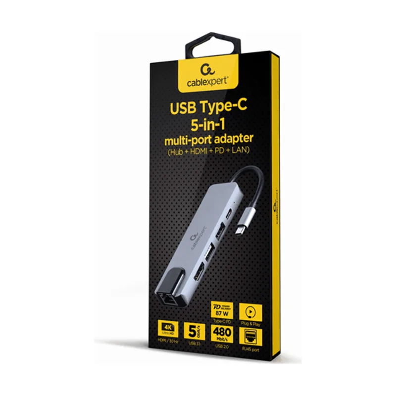 Gembird Adaptador Multipuerto USB Tipo C 5 EN 1 HUB HDMI PD LAN