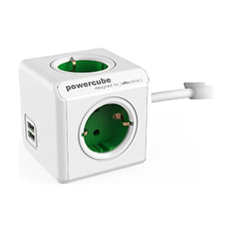 Adaptador Y Enchufe Multiple Verde 4 Tomas + 2 USB Alargo