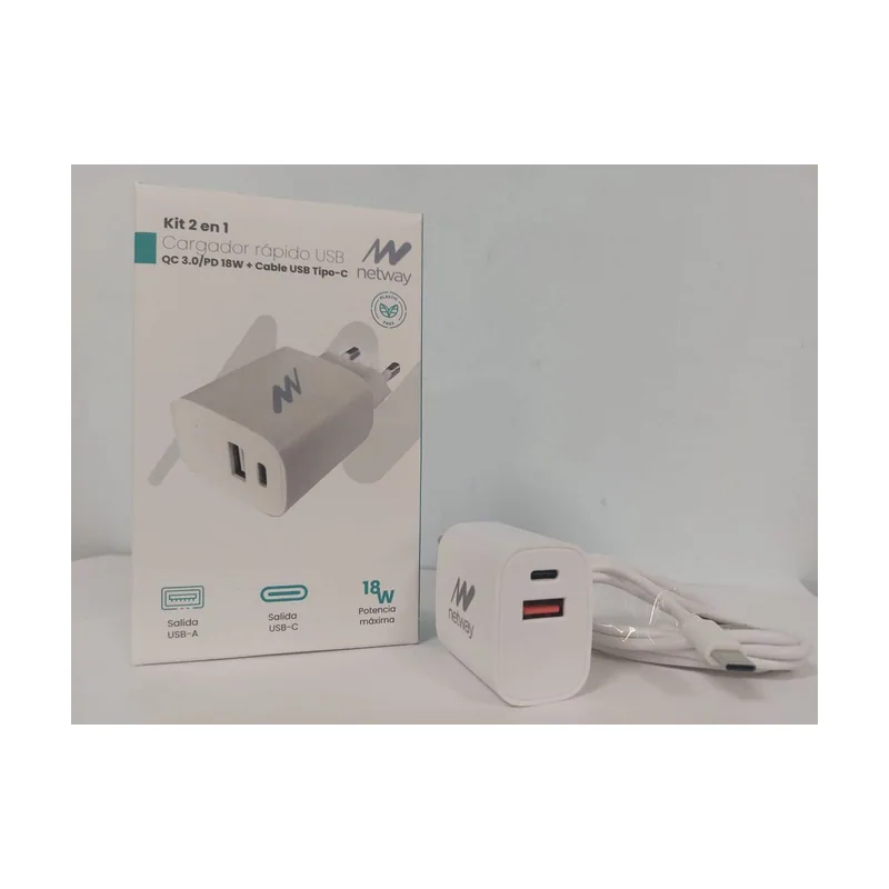 Netway Cargador Pared USB-A/USB QC 3.0 + Cable Tipo C