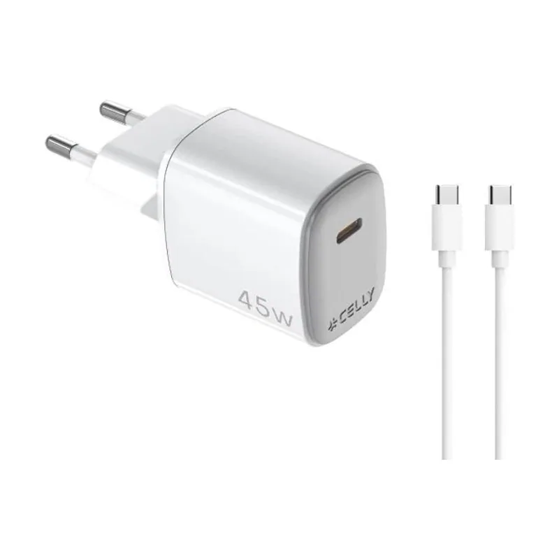 Celly Cargador de Pared USB-C 45W con Tecnología GAN + Cable USB-C a USB-C 2 m