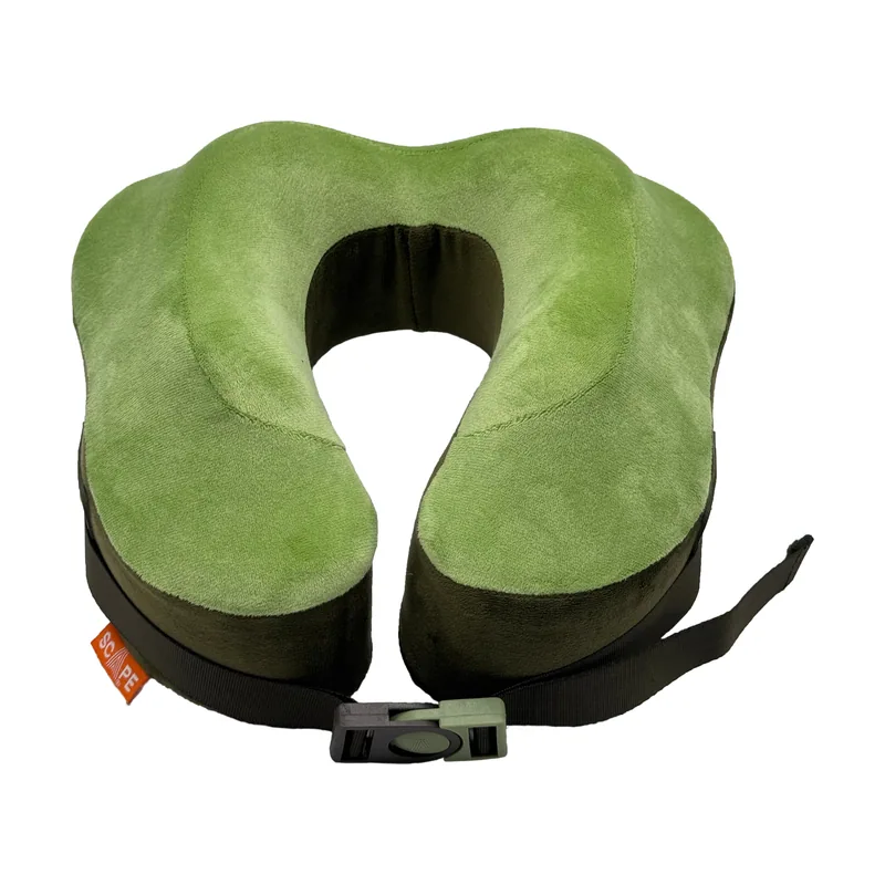 Almohada de viaje viscoelástica premium con cierre clip verde y funda de transporte