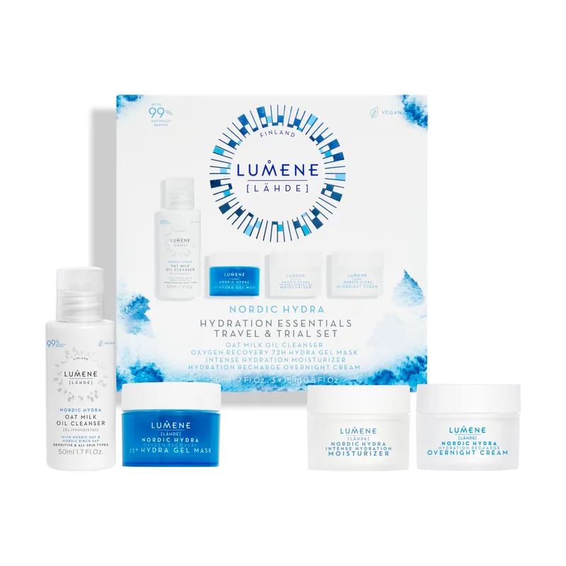 Nordic Hydra Lahde Kit de viaje y muestra con ácido hialurónico para impulsar la humedad con limpiador de aceite