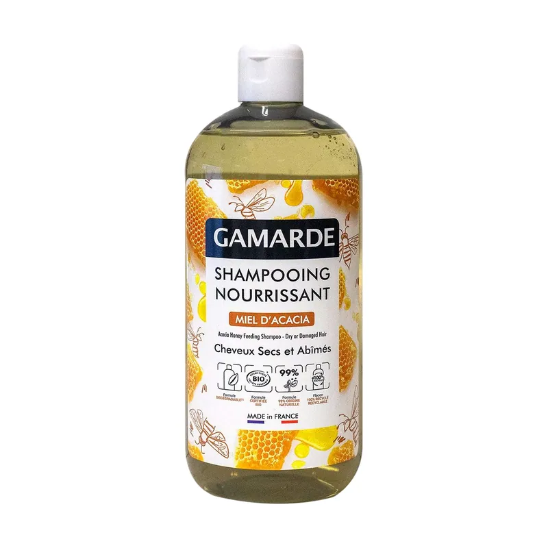 Gamarde Champú nutritivo orgánico con sensación de miel de acacia para cabello seco y dañado