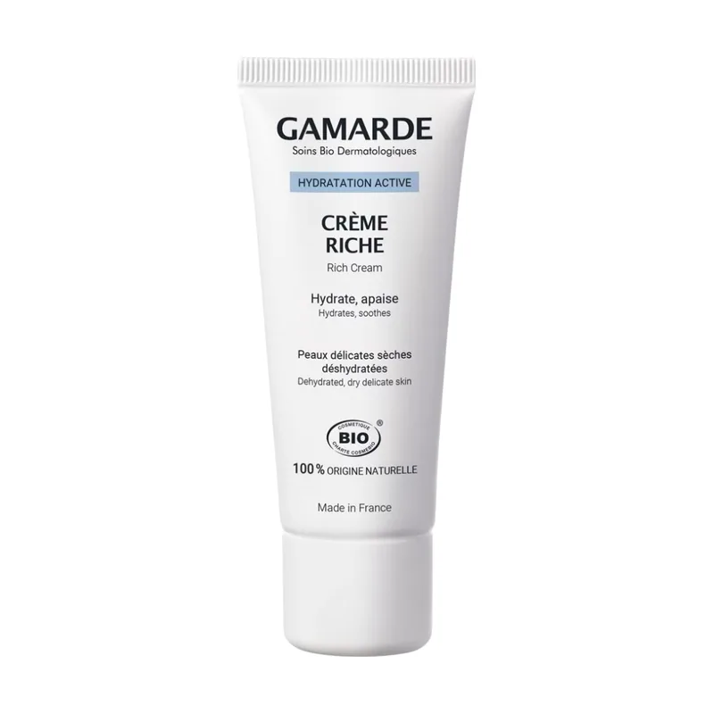 Gamarde Crema Hidratante Facial Mujer Bio Rica 40 ml para Piel Seca y Sensible. Crema Antiarrugas Mujer Nutrición Intensa y Reparación de la Piel con Ácido Hialurónico y Manteca de Karité