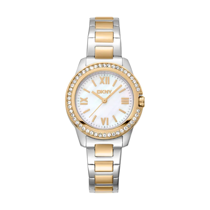 Dkny DK1L105M0085 correa Gris plata Oro amarillo Dial Blanco antiguo Mujer