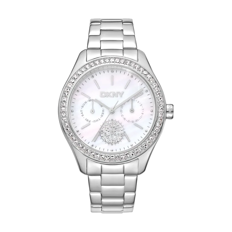 Dkny DK1L129M0035 correa Gris plata Dial Blanco antiguo Mujer