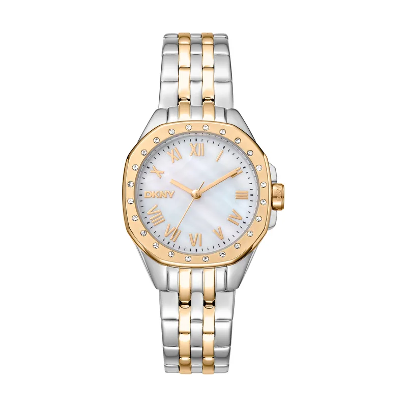 Dkny DK1L013M0085 correa Gris plata Oro amarillo Dial Blanco antiguo Mujer