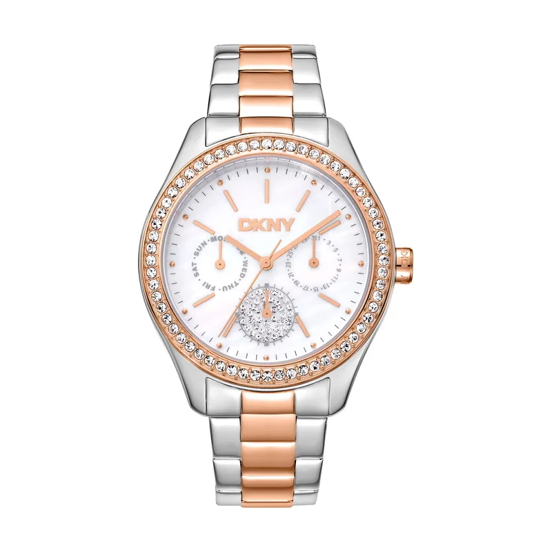 Dkny DK1L129M0095 correa Gris plata Oro rosa Dial Blanco antiguo Mujer