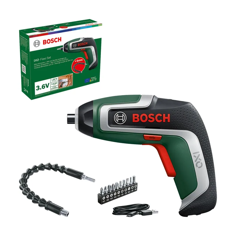 Bosch Atornillador con batería compacto IXO Flexi Set atornillado flexible 7ª generación 3,6 V 2,0 Ah ampliación flexible cable micro USB plegable hasta 180° 10 puntas