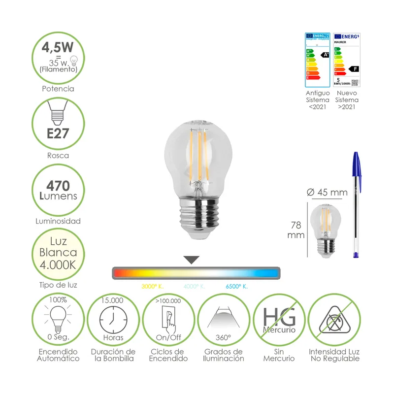 Maurer Bombilla Led Filamento Esfera Rosca E27. 4,5 Watt. Equivale A 35 Watt. 470 Lumenes. Luz Neutra 4000º K.