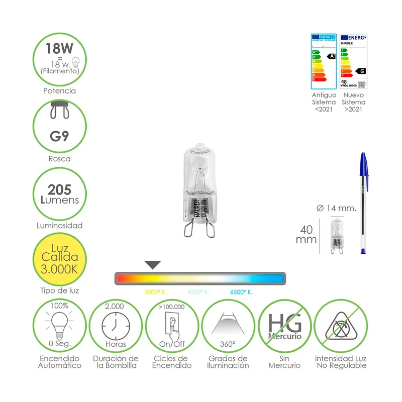 Bombilla Halogena G-9. 18 W. 205 lumenes. Luz cálida 3.000º K