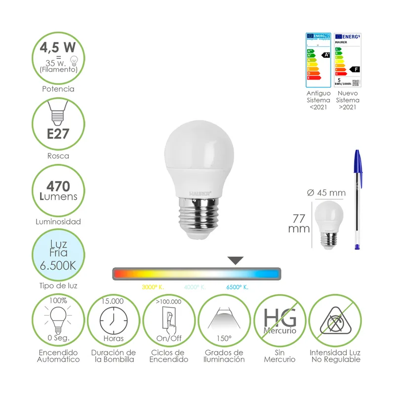 Bombilla Led Esferica Rosca E27 4.5 Watt. Equivale A 55 Watt. 470 Lumenes. Luz Fria 6500º K