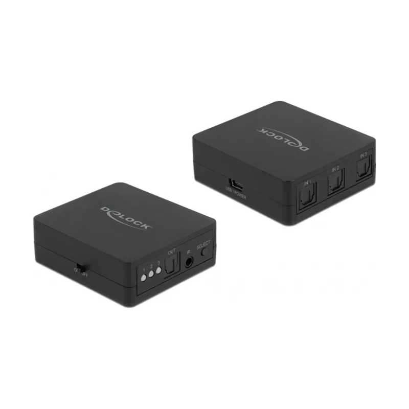 Delock Conmutador S/PDIF TOSLINK de 3 entradas y 1 salida con mando a distancia por infrarrojos y alimentación por USB