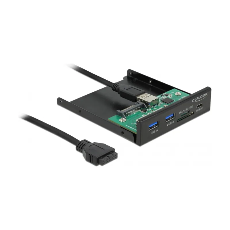 Delock Panel frontal de 3.5" USB 5 Gbps 1 x USB Type-C + 2 x USB Tipo-A + SD y ranura Micro SD