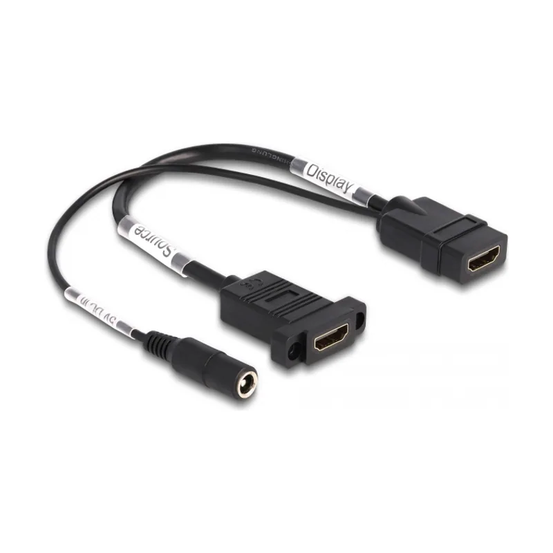 Delock Cable HDMI 4K 60 Hz con alimentación CC 2,1 x 5,5 mm 0,30 m montaje en panel