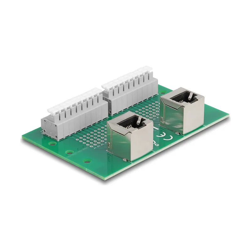 Delock RJ45 2 x hembra a 2 x bloque de terminales con pulsador para carril DIN en ángulo