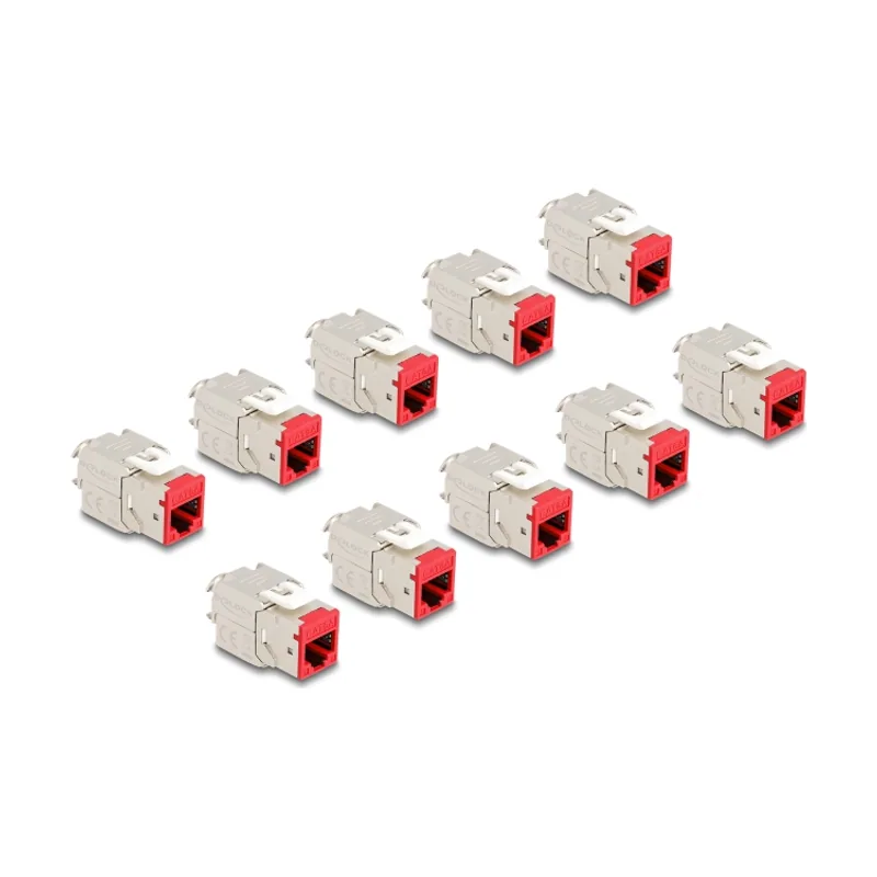 Delock Módulo Keystone RJ45 hembra a LSA Cat.6A montaje sin herramientas rojo juego 10 piezas