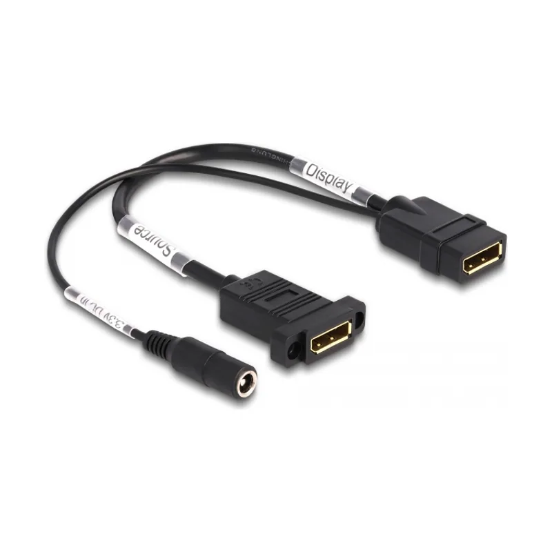 Delock Cable DisplayPort 4K 60 Hz con alimentación CC 2,1 x 5,5 mm 0,30 m montaje en panel