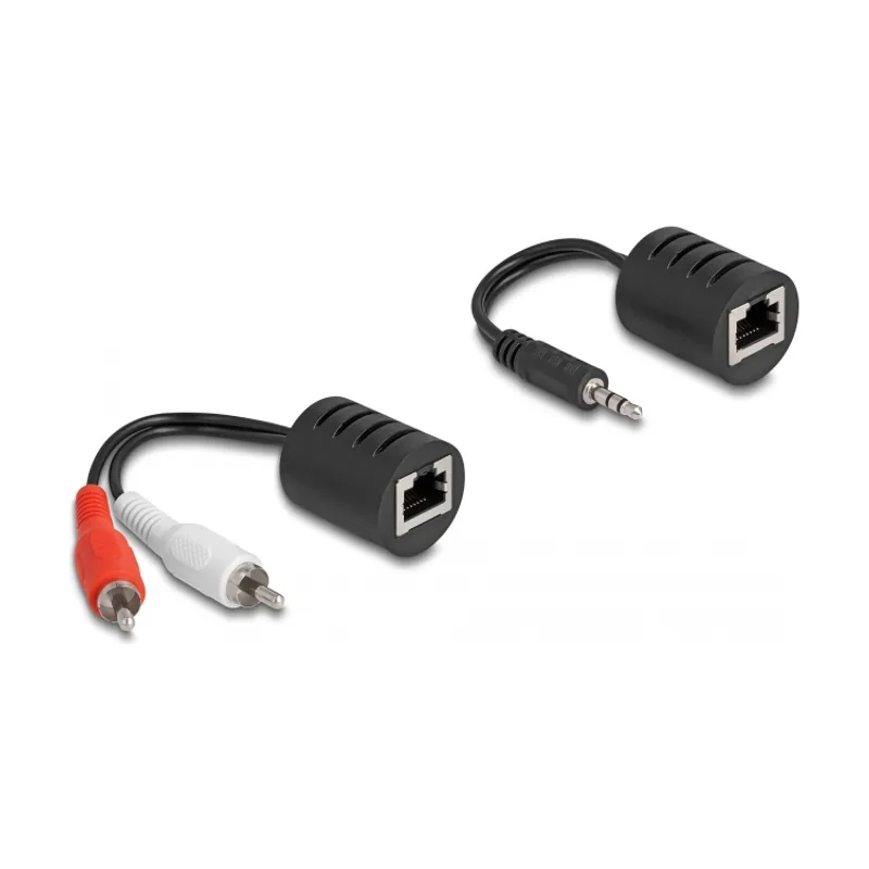 Delock Extensor de audio estéreo RJ45 hembra a conector estéreo de 3,5 mm macho y RJ45 hembra a 2 x RCA macho Cat.5 hasta 50 m