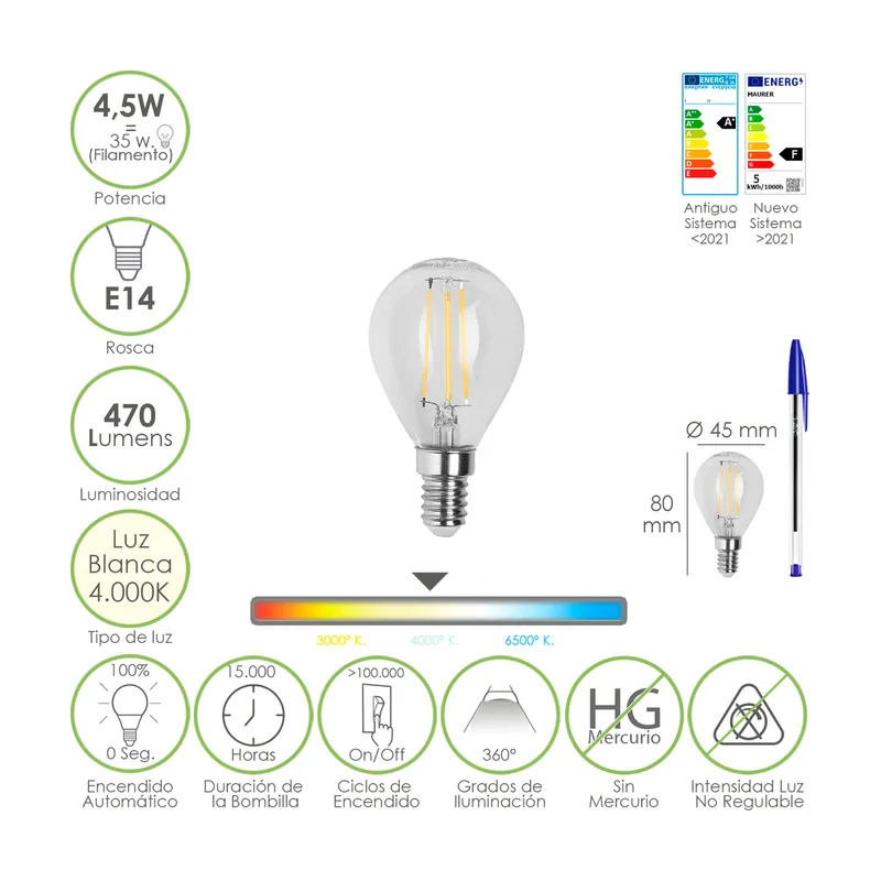 Maurer Bombilla Led Filamento Esfera Rosca E14. 4,5 Watt. Equivale A 35 Watt. 470 Lumenes. Luz Neutra 4000º K.