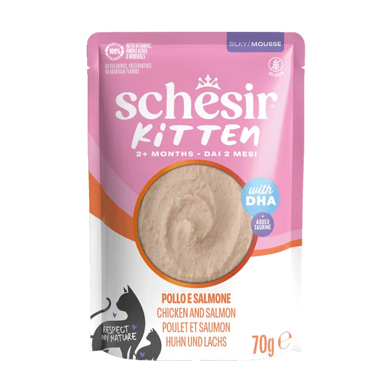 Schesir 70 g Sobre Pollo y Salmón con DHA para gatitos