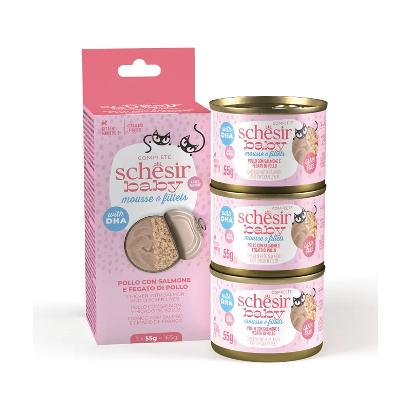 Schesir 3 x 55 g Lata Pollo y Salmón en Mousse y Filete para gatitos
