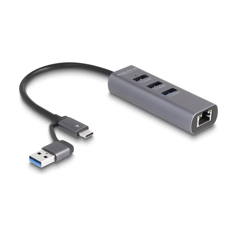 Concentrador USB de 3 puertos a 5 Gbps + LAN Gigabit con conector USB Type-C o USB Tipo-A en carcasa metálica