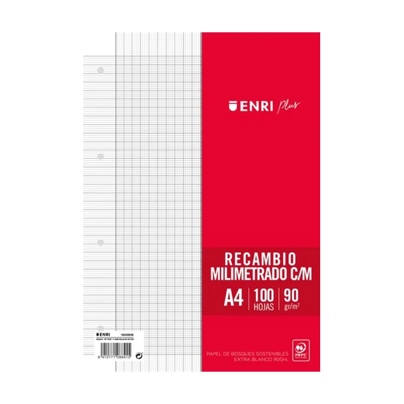 Recambio plus 100h a4 90gr milimetrado c/margen 4 taladros