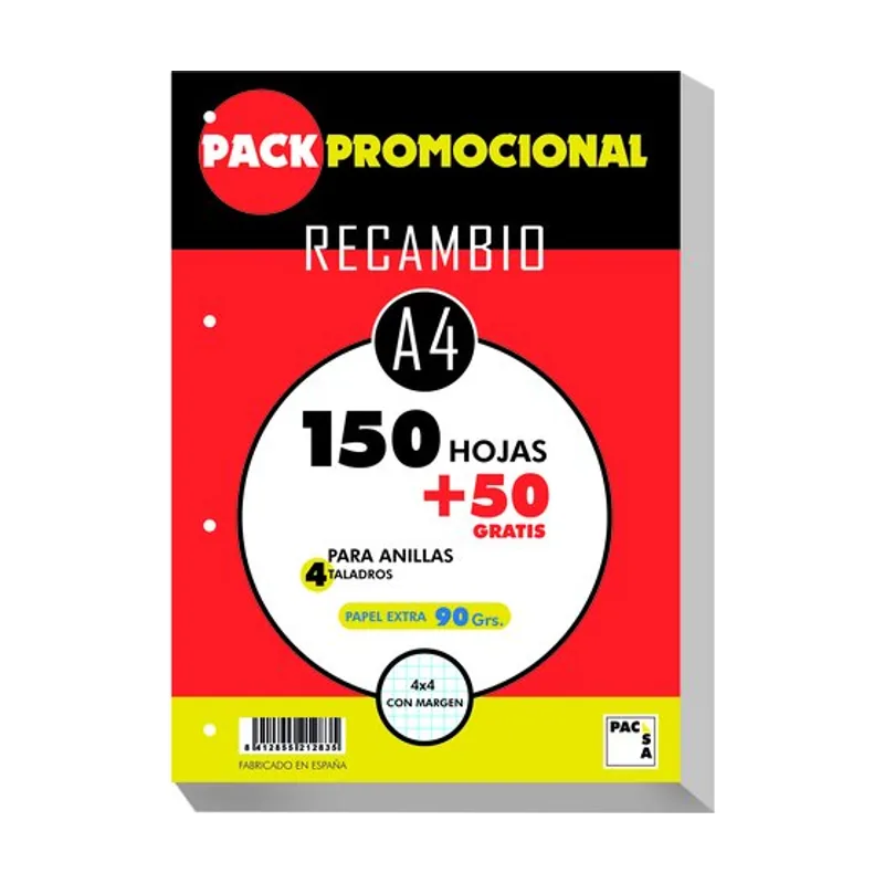 Recambio pacsa a4 200h 150+50 90gr 4 taladros cuadric.4x4 c/margen