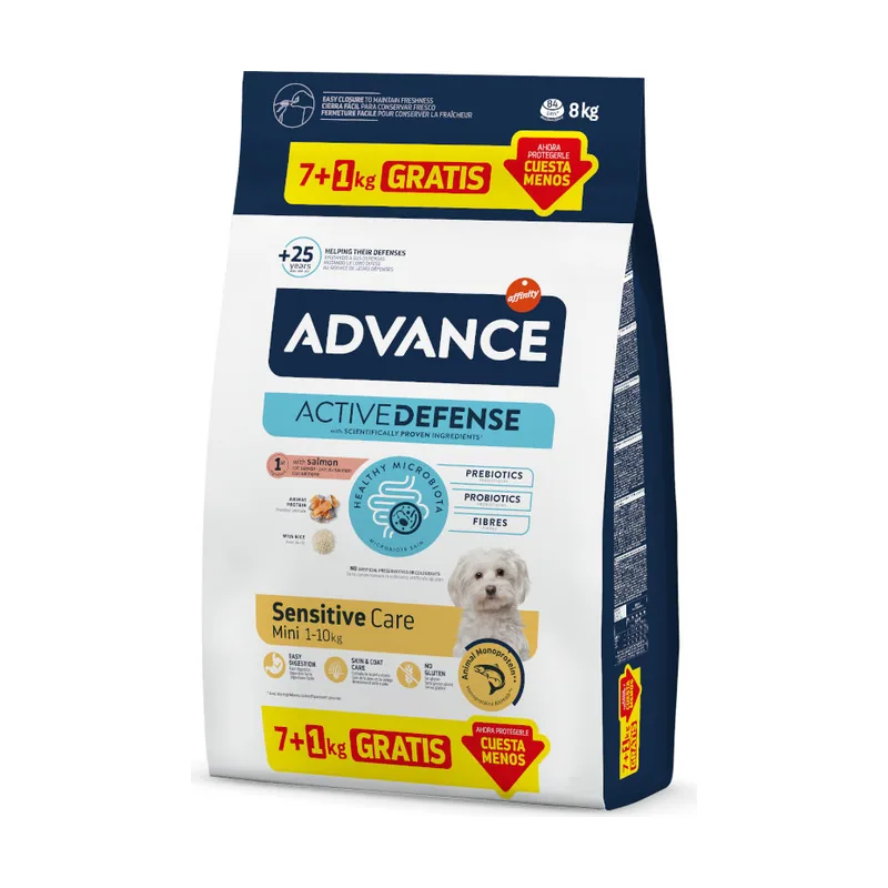 Advance 8 kg 7 + 1 kg Active Defense Mini Sensitive Salmón y Arroz pienso