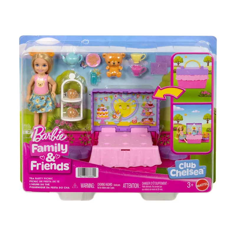 Mattel Barbie Chelsea Conjunto de juego desplegable Fiesta del té del Club de Family & Friends con muñeca pequeña y más de 10 accesorios