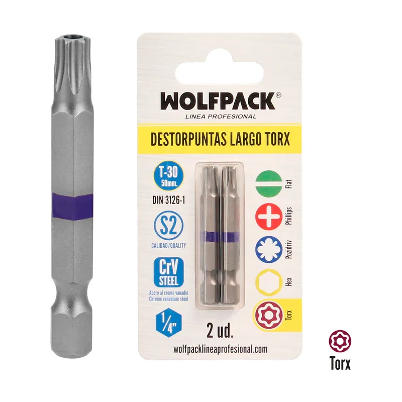 Puntas Largas Destornillador Torx T30 2 Piezas. Acero S2 al Cromo Vanadio. Puntas Hexagonales