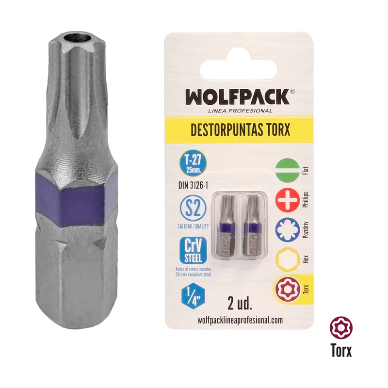 Puntas destornillador torx 27 inviolable 2 piezas. acero s2 al cromo vanadio. puntas hexagonales