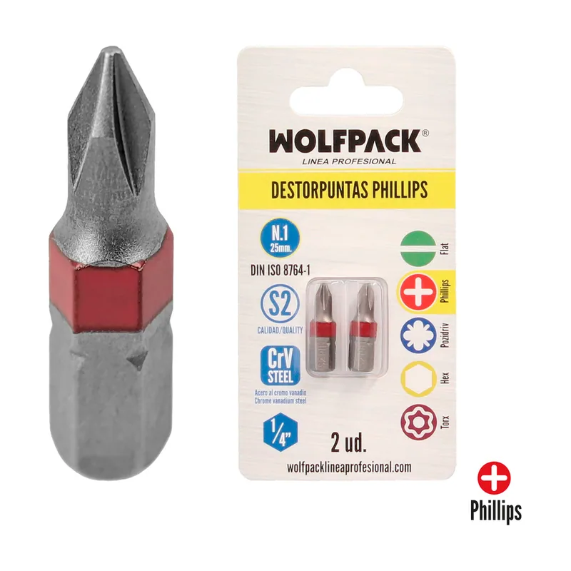 Puntas Largas Destornillador Phillips Nº 1 2 Piezas. Acero S2 al Cromo Vanadio. Puntas Hexagonales