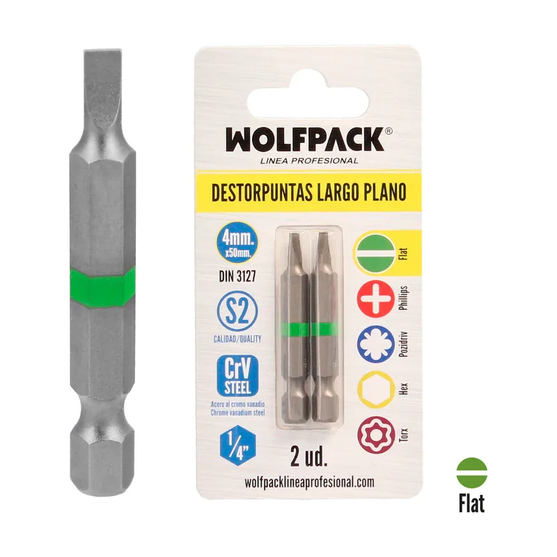 Wolfpack Linea Profesional Puntas destornillador largo plano 4 mm. 2 piezas. acero s2 al cromo vanadio. puntas hexagonales