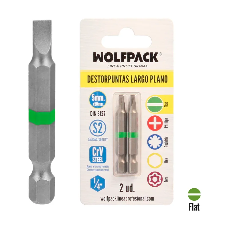Wolfpack Linea Profesional Puntas destornillador largo plano 5 mm. 2 piezas. acero s2 al cromo vanadio. puntas hexagonales