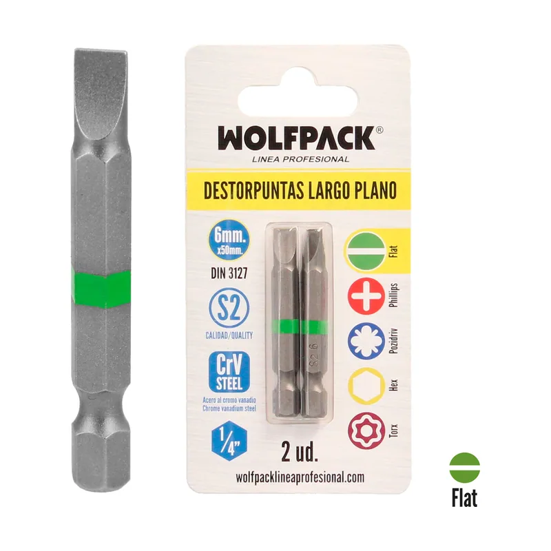 Wolfpack Linea Profesional Puntas destornillador largo plano 6 mm. 2 piezas. acero s2 al cromo vanadio. puntas hexagonales