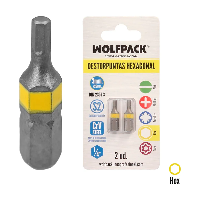 Wolfpack Linea Profesional Puntas Destornillador Hexagonal 3,0 mm. 2 Piezas. Acero S2 al Cromo Vanadio. Puntas Hexagonales