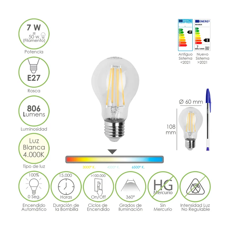 Bombilla Led Filamento Standar Rosca E27. 7 Watt. Equivale A 50 Watt. 806 Lumenes. Luz Neutra 4000º K.
