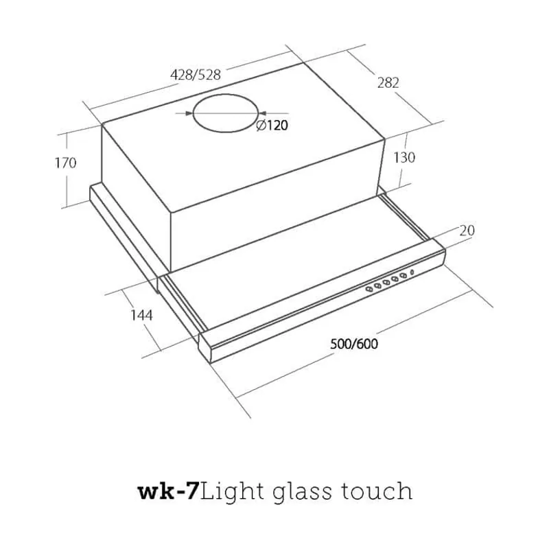 WK-7 Light Glass 50 Flachschirmhaube INOX Schwarz 220 m3/h 600 mm