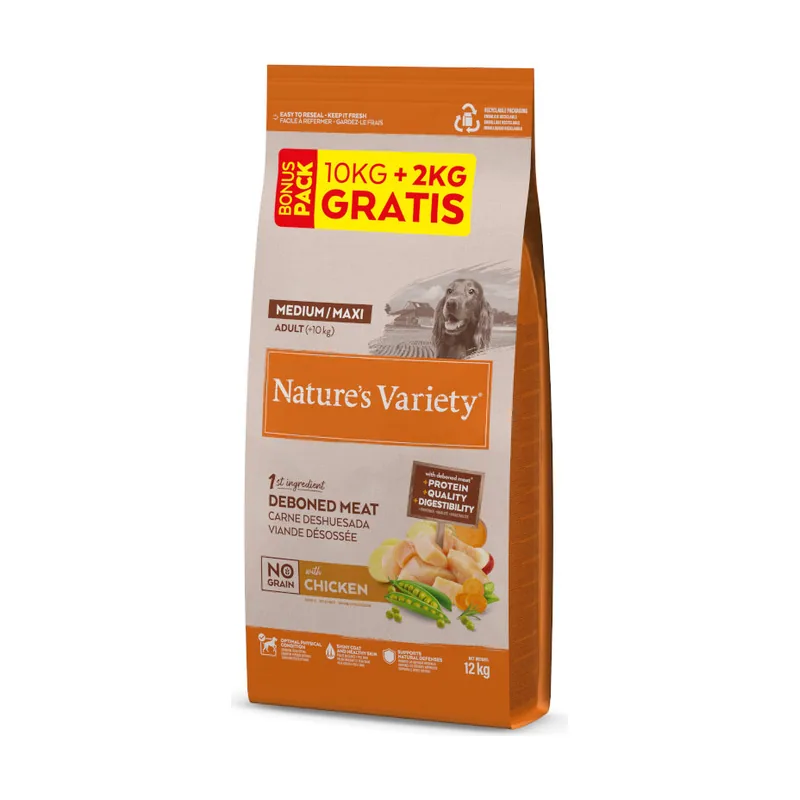 Nature's Variety 12 kg 10 + 2 kg No Grain Adult Medium Maxi Pollo pienso