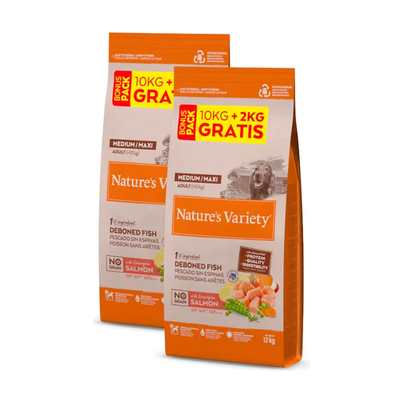 Nature's Variety 24 kg 20 + 4 kg No Grain Adult Medium Maxi Salmón pienso