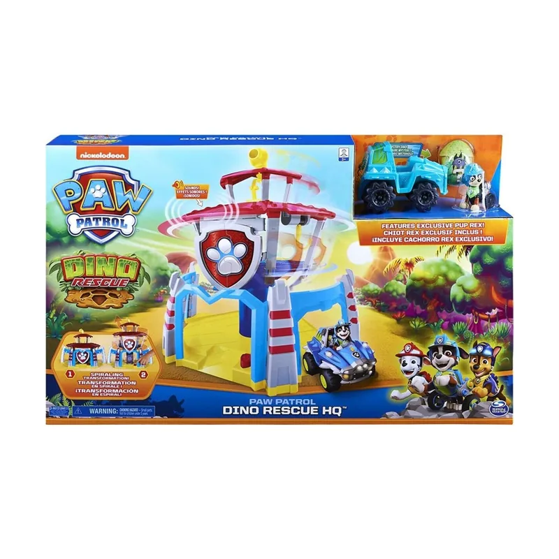 PAW Patrol escenario del Dino Rescue HQ con sonidos y figura y vehículo exclusivos de Rex
