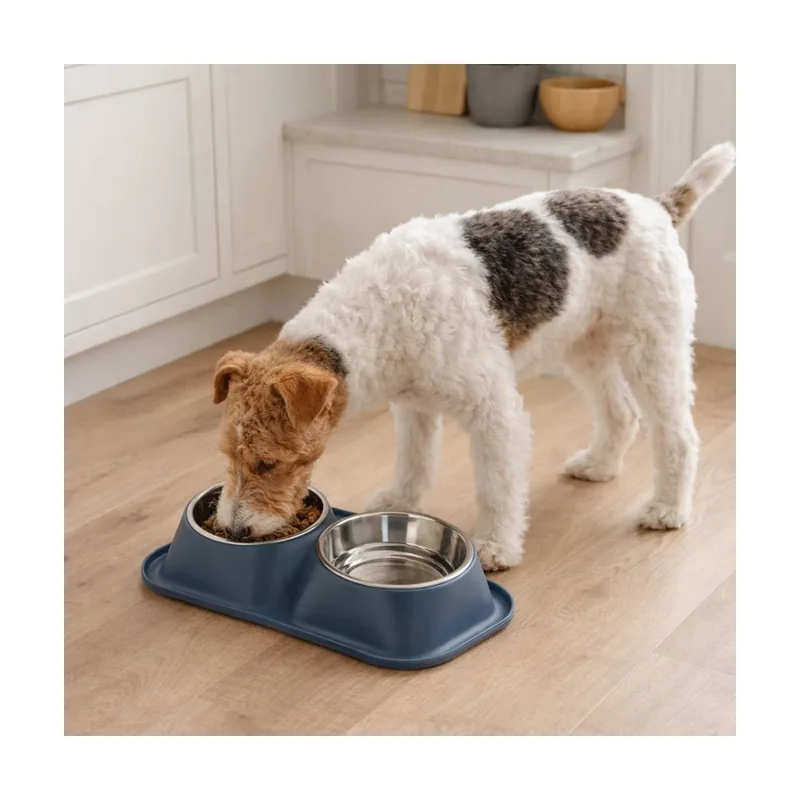Leeby Comedero Doble de Metal Azul para perros