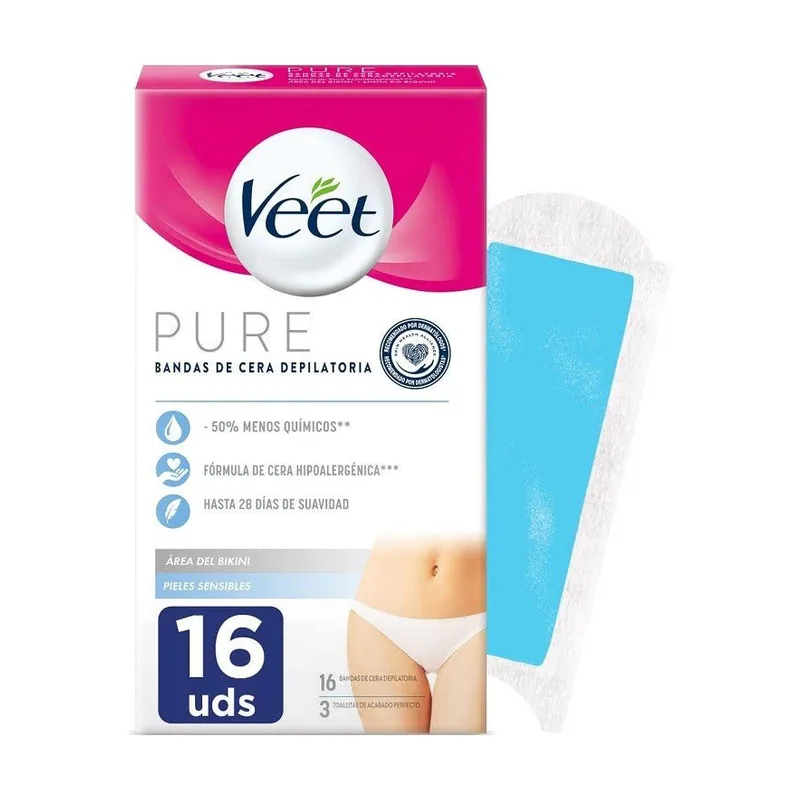 Pure Bandas de Cera Fría Depilatoria área Bikini Piel Sensible 16 tiras