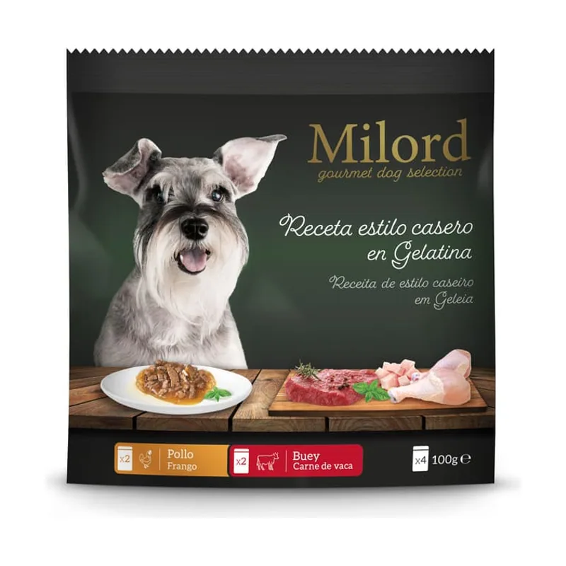 Milord 4 sobres x 100 g Adult Receta estilo casero en Gelatina con Pollo y Buey sobres