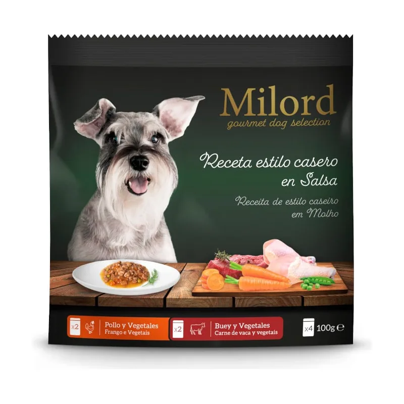 Milord 4 sobres x 100 g Estilo Casero en Salsa Buey y Pollo Sobres